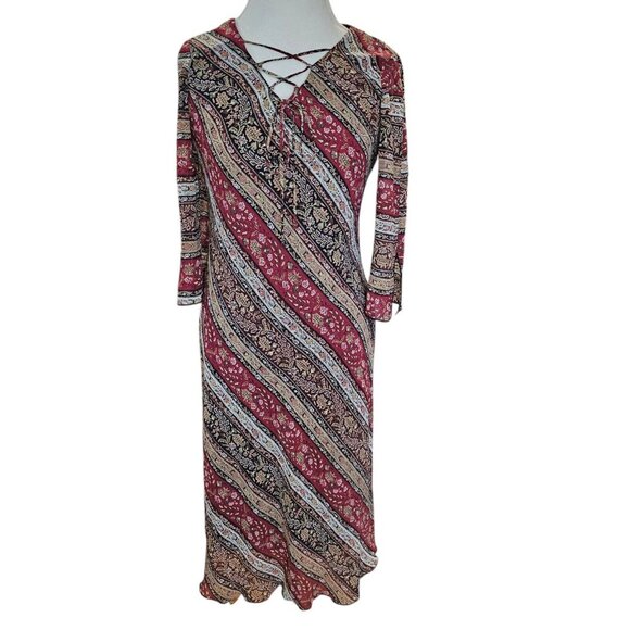 Y2K Womens 8 Dark Floral Midi Dress Dark‎ Red Tan Laceup Whimsigoth Boho Chiffon - Picture 1 of 11